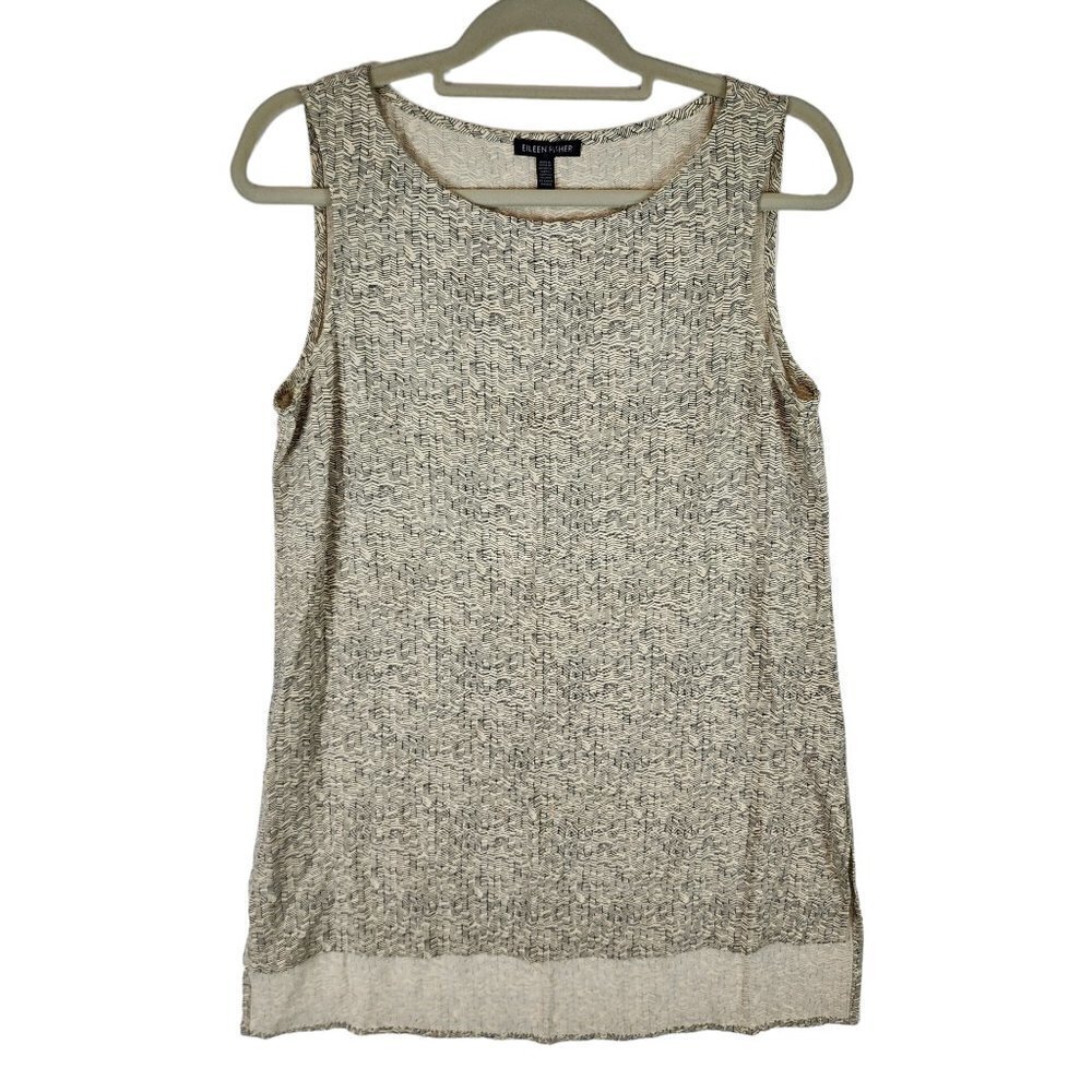 Eileen Fisher Women's Sleeveless Tunic‎ Top Black Cream Chevron Tencel Rayon XS